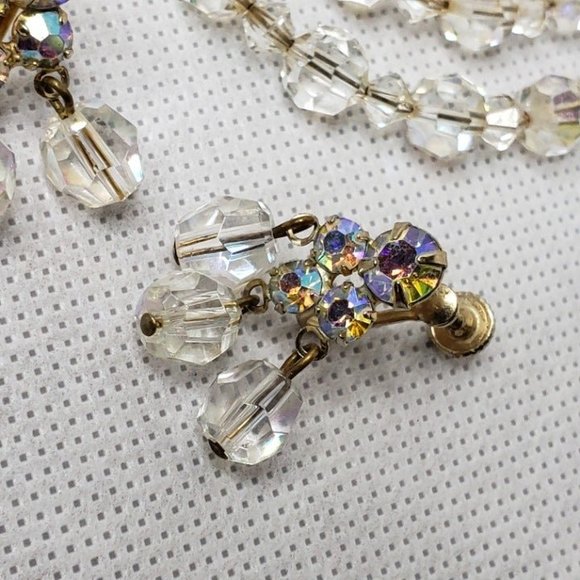 Vintage Crystal Tri-Bead Earrings, Wrap Bracelet Screw Back Gold Tone AB Rhines - Picture 11 of 11